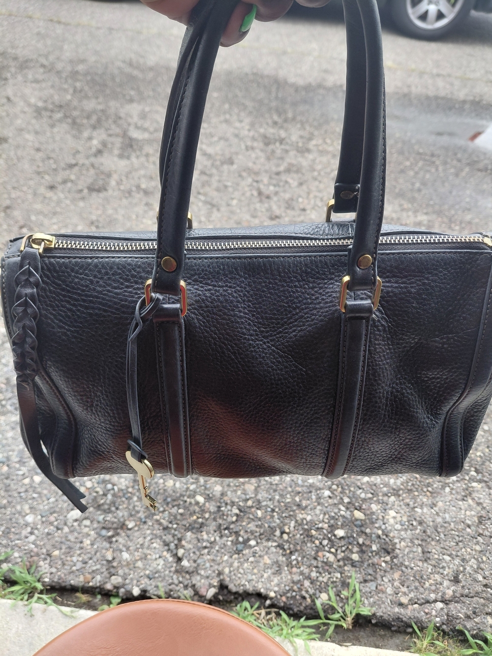 Fossil Black Pebbled Leather Satchel with Gold-Tone Hardware
